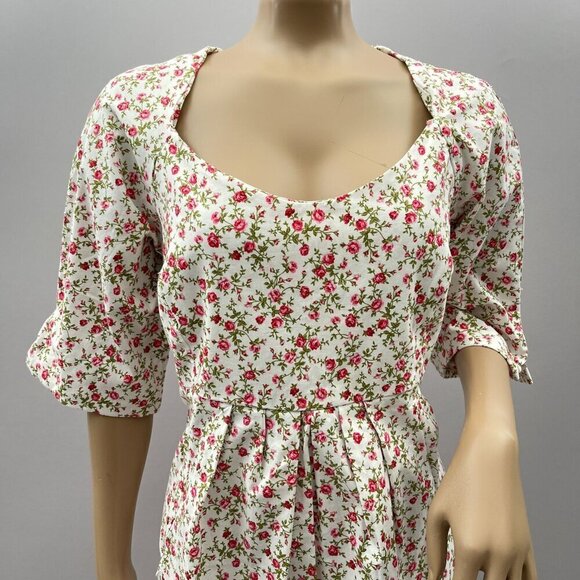 Vintage Handmade Floral Dress White & Pink Pleated Cottage Garden Scoop S/M - Picture 4 of 10